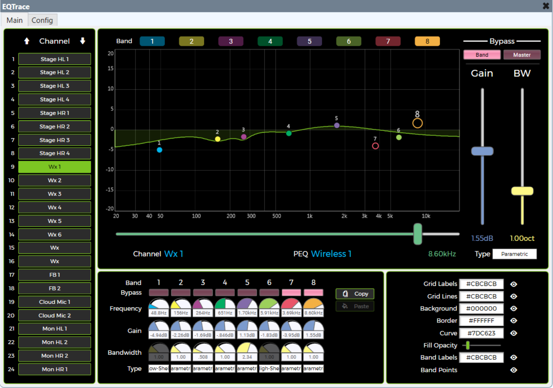 EQTrace plugin showing a PEQ response curve with eight colored bands, a 24-channel list, and gain and bandwidth faders.